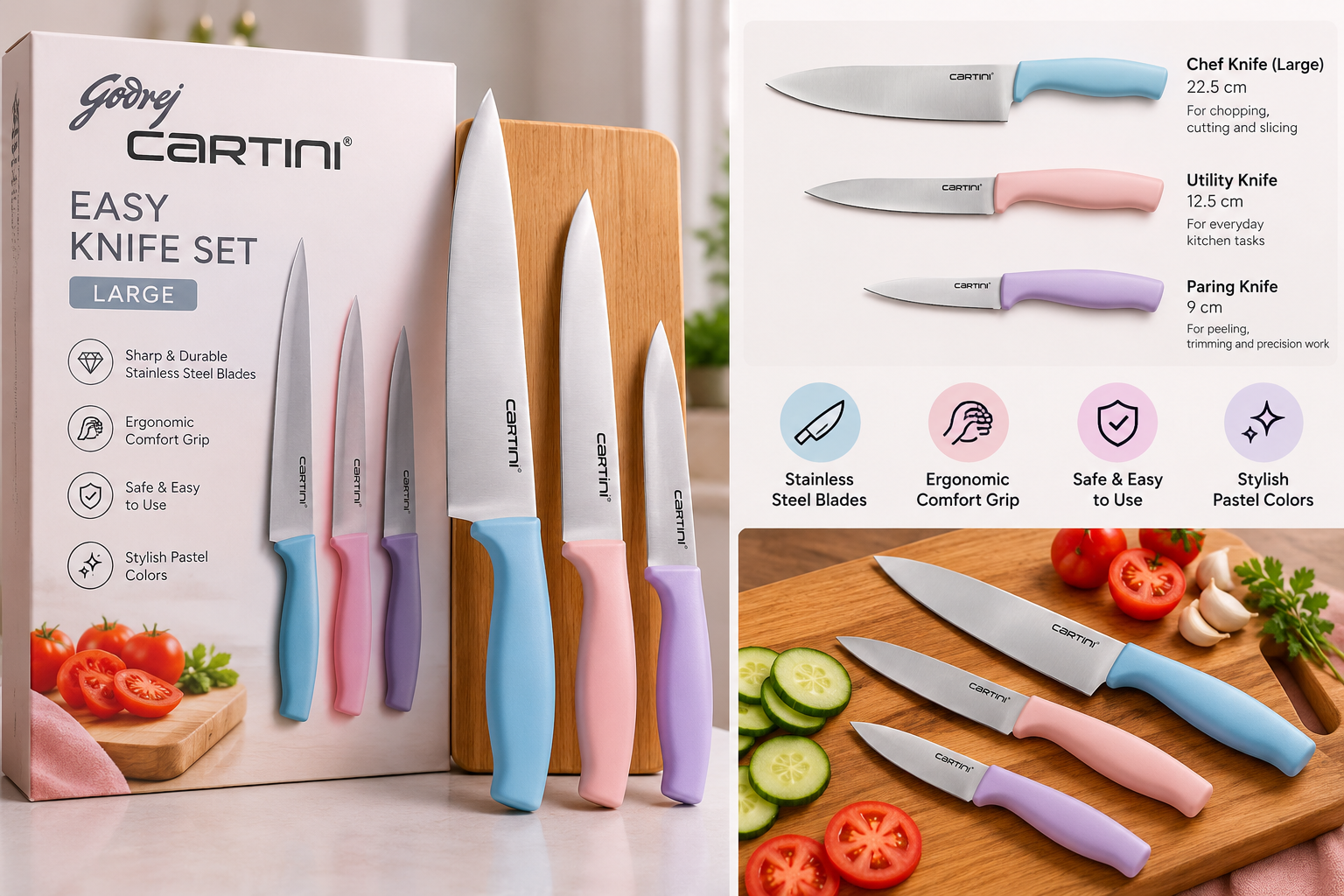 Godrej Cartini Easy Knife Set large - Powder Blue, Blush Pink, Lilac (3268)